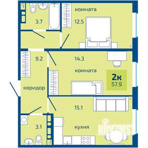 2-к квартира, строящийся дом, 58м2, 2/10 этаж