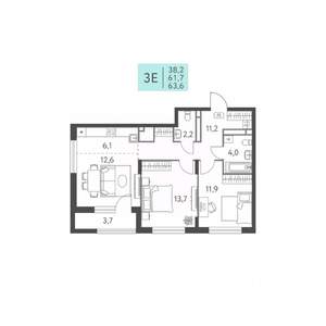 3-к квартира, строящийся дом, 64м2, 2/22 этаж