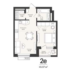 2-к квартира, строящийся дом, 45м2, 7/16 этаж