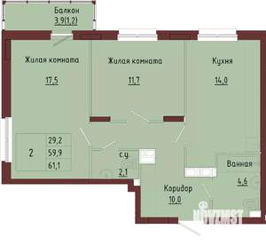 2-к квартира, строящийся дом, 64м2, 3/9 этаж