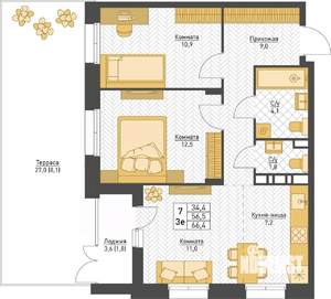 3-к квартира, строящийся дом, 66м2, 2/8 этаж