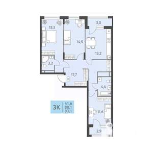 3-к квартира, вторичка, 83м2, 3/22 этаж
