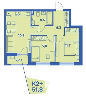 2-к квартира, вторичка, 52м2, 1/8 этаж
