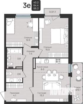 3-к квартира, вторичка, 66м2, 4/6 этаж