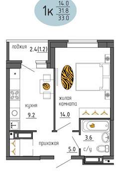 1-к квартира, строящийся дом, 33м2, 20/25 этаж