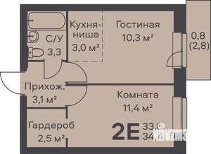 2-к квартира, строящийся дом, 34м2, 3/6 этаж