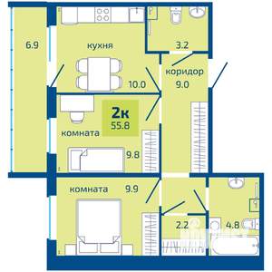 2-к квартира, вторичка, 56м2, 1/10 этаж