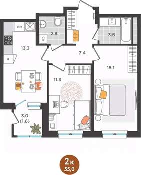 2-к квартира, вторичка, 55м2, 7/25 этаж