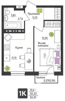 1-к квартира, строящийся дом, 33м2, 4/4 этаж