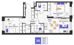 3-к квартира, строящийся дом, 62м2, 12/25 этаж