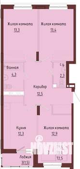 3-к квартира, строящийся дом, 74м2, 2/9 этаж
