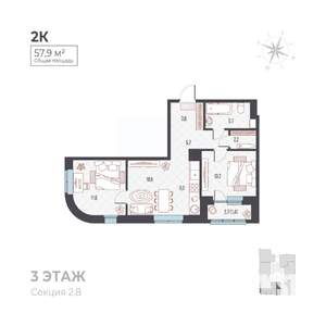 3-к квартира, вторичка, 58м2, 2/6 этаж