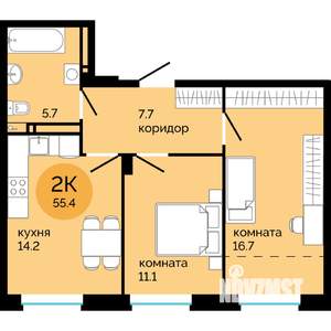 2-к квартира, строящийся дом, 55м2, 22/25 этаж