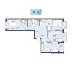 3-к квартира, вторичка, 81м2, 3/22 этаж