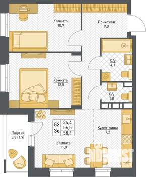 3-к квартира, строящийся дом, 58м2, 7/8 этаж