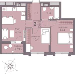 2-к квартира, вторичка, 52м2, 12/22 этаж