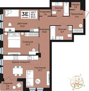 3-к квартира, вторичка, 84м2, 4/6 этаж