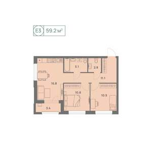 3-к квартира, вторичка, 59м2, 1/25 этаж