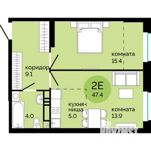 2-к квартира, строящийся дом, 47м2, 24/25 этаж