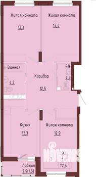 3-к квартира, строящийся дом, 74м2, 5/9 этаж