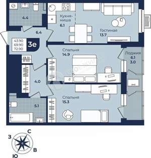 3-к квартира, вторичка, 73м2, 5/10 этаж