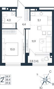 2-к квартира, строящийся дом, 40м2, 2/15 этаж