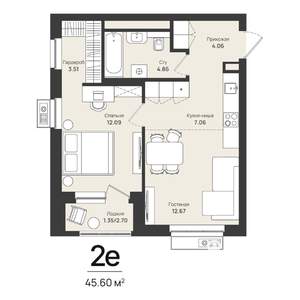 2-к квартира, строящийся дом, 46м2, 3/16 этаж