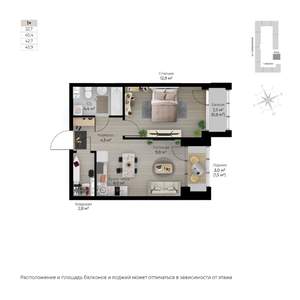 1-к квартира, строящийся дом, 43м2, 4/6 этаж