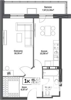1-к квартира, вторичка, 46м2, 2/21 этаж