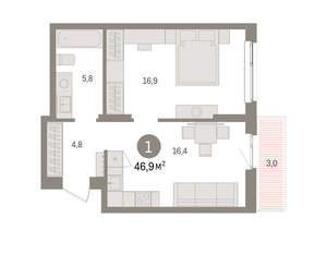 1-к квартира, вторичка, 47м2, 7/11 этаж