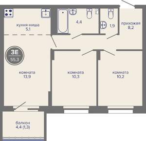 3-к квартира, вторичка, 55м2, 8/26 этаж