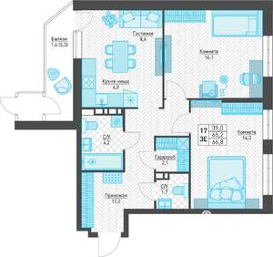 3-к квартира, строящийся дом, 67м2, 3/8 этаж