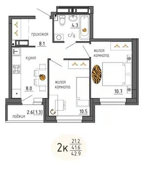 2-к квартира, строящийся дом, 43м2, 6/25 этаж
