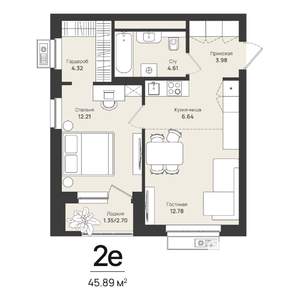 2-к квартира, строящийся дом, 46м2, 2/16 этаж