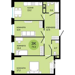 3-к квартира, строящийся дом, 74м2, 14/25 этаж