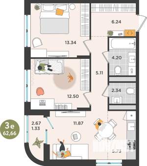 3-к квартира, строящийся дом, 63м2, 4/10 этаж