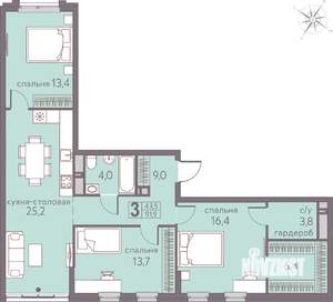 3-к квартира, строящийся дом, 92м2, 9/22 этаж