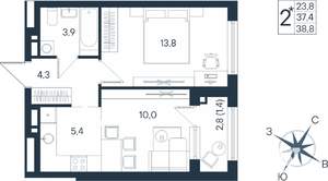 2-к квартира, строящийся дом, 39м2, 11/15 этаж