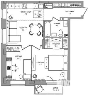 3-к квартира, вторичка, 55м2, 9/9 этаж