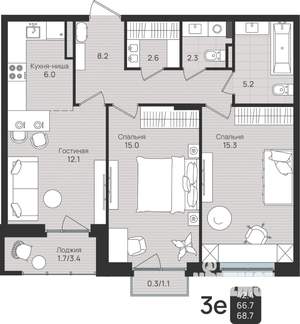 3-к квартира, вторичка, 69м2, 6/6 этаж