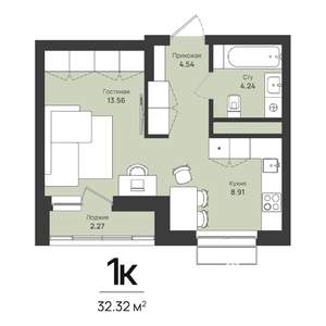 1-к квартира, строящийся дом, 32м2, 3/16 этаж