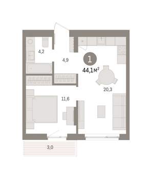1-к квартира, вторичка, 44м2, 5/9 этаж