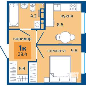 1-к квартира, строящийся дом, 29м2, 9/10 этаж