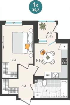 1-к квартира, строящийся дом, 35м2, 2/25 этаж