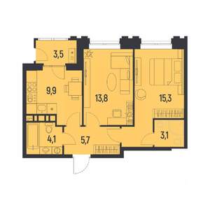 2-к квартира, вторичка, 54м2, 6/12 этаж