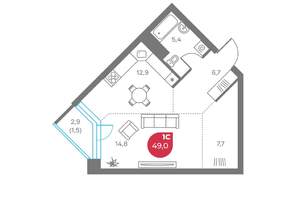 Студия квартира, вторичка, 49м2, 8/6 этаж