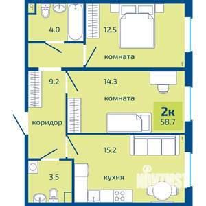 2-к квартира, строящийся дом, 59м2, 1/10 этаж