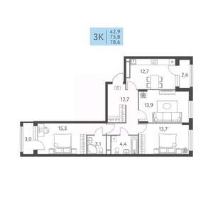 3-к квартира, строящийся дом, 79м2, 8/22 этаж