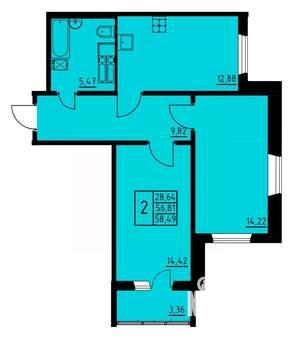 2-к квартира, вторичка, 58м2, 3/8 этаж