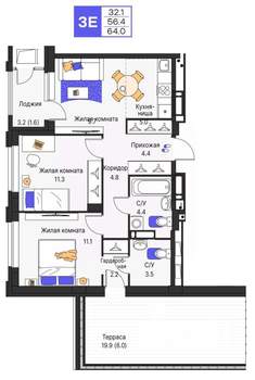 3-к квартира, строящийся дом, 64м2, 17/25 этаж